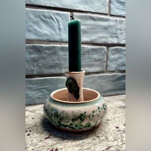 Handcrafted Ceramic Candle Holder with Green Accents